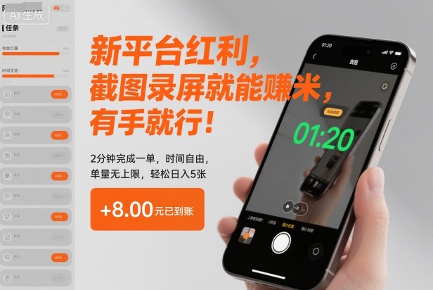新平台红利，截图录屏就能賺米，有手就行！2分钟完成一单，时间自由，单量无上限，轻松日入5张【揭秘】-云网创