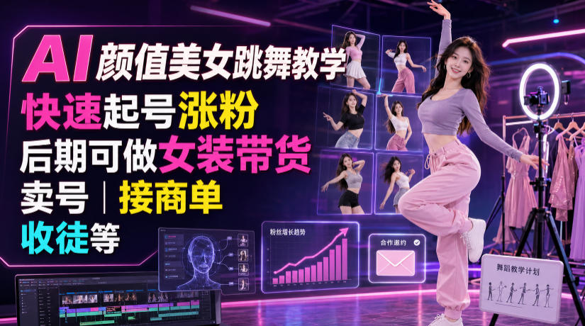 AI颜值美女跳舞教学,快速起号涨粉,后期可做女装带货,卖号,接商单,收徒等-云网创