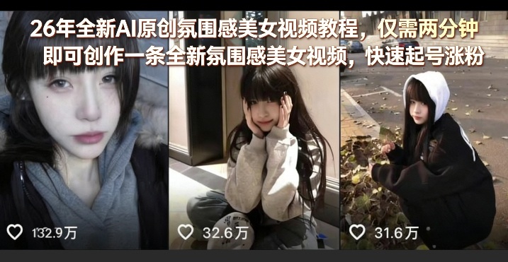 26年全新AI原创氛围感美女视频教程，仅需两分钟即可创作一条全新氛围感美女视频，快速起号涨粉-云网创