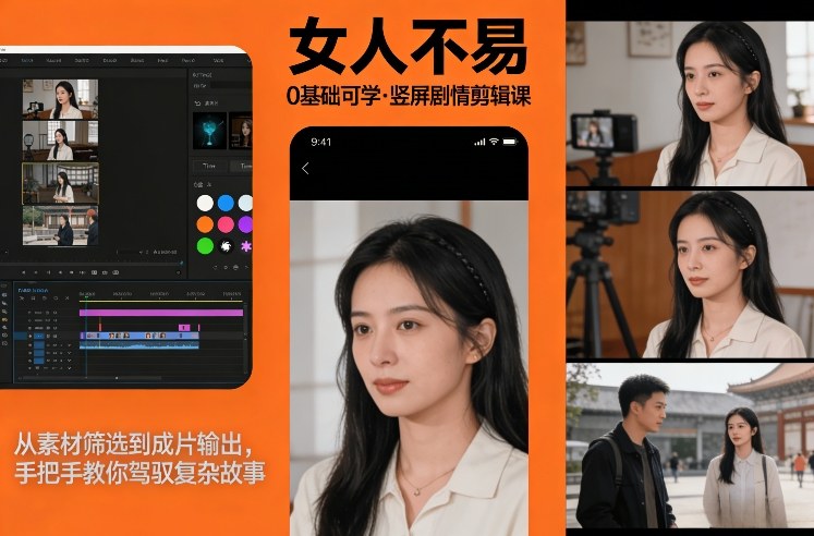 0基础可学！《女人不易》竖屏剧情剪辑课，从素材筛选到成片输出，手把手教你驾驭复杂故事-云网创