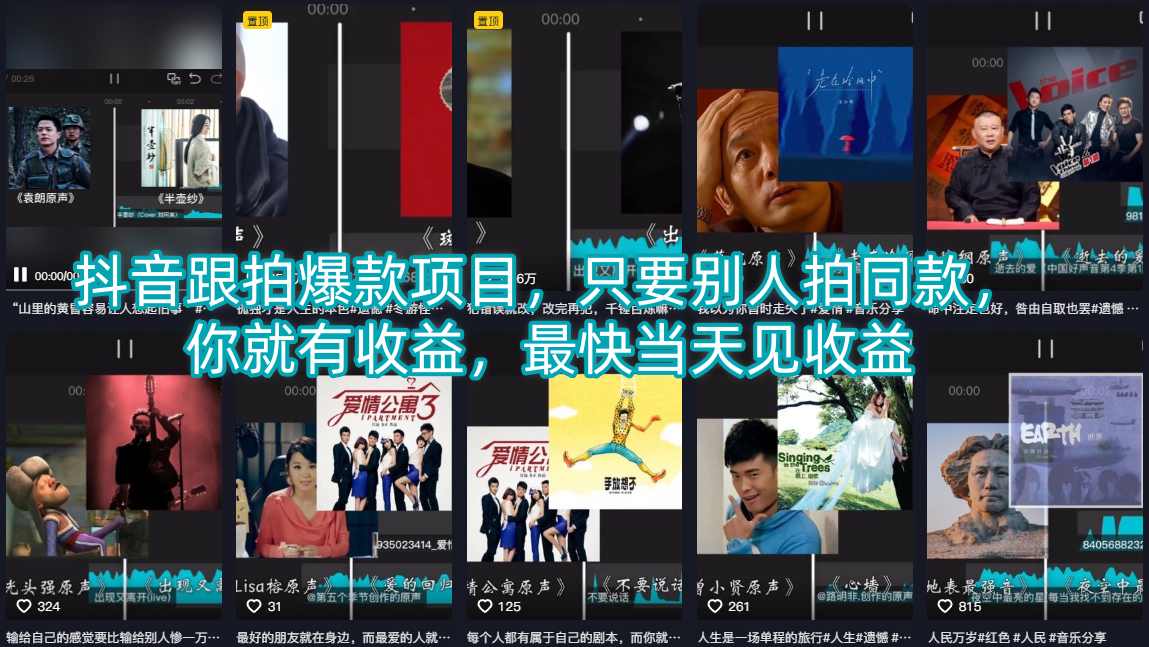 抖音跟拍爆款项目，只要别人拍同款，你就有收益，最快当天见收益-云网创