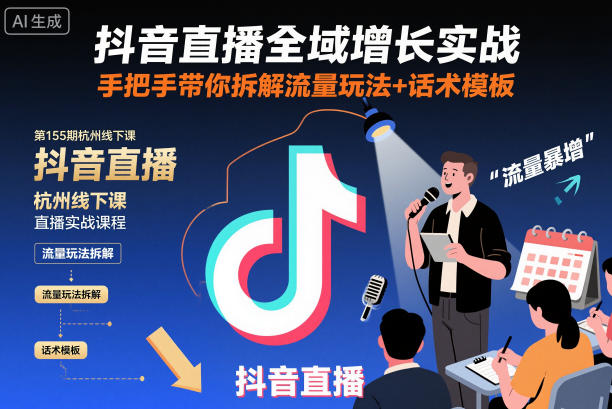 抖音直播全域增长实战第155期杭州线下课，手把手带你拆解流量玩法+话术模板-云网创
