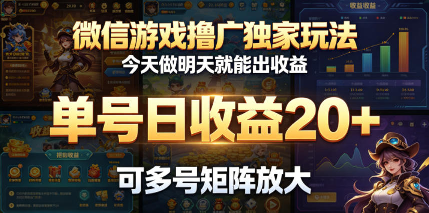 微信游戏撸广独家玩法，今天做明天就能出收益，单号日收益20+，可多号矩阵放大-云网创