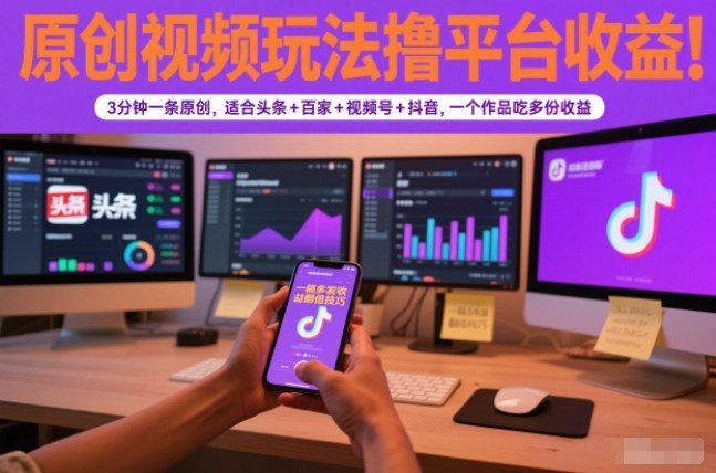 原创视频玩法撸平台收益,3分钟一条原创,适合头条+百家+视频号+抖音,一个作品吃多份收益-云网创