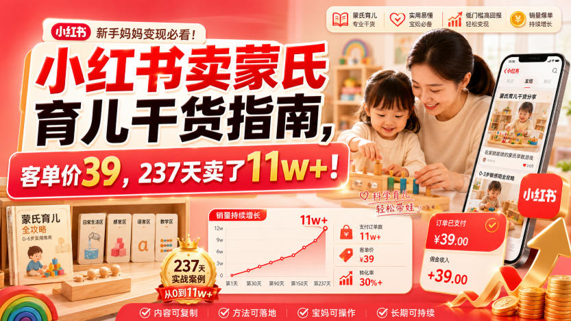 小红书卖蒙氏育儿干货指南,客单价39,237天卖了11w+!