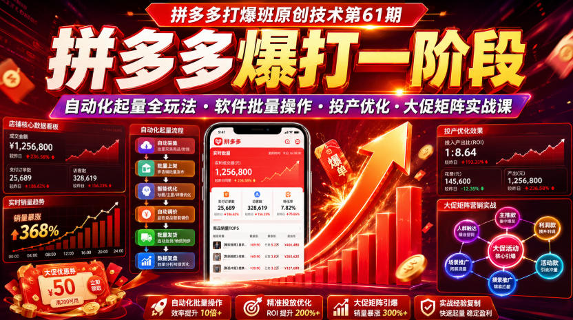 拼多多打爆班原创技术第61期，拼多多爆打一阶段，自动化起量全玩法・软件批量操作・投产优化・大促矩阵实战课-云网创