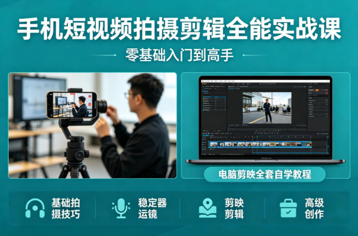 手机短视频拍摄剪辑全能实战课：零基础入门到高手，稳定器运镜+电脑剪映全套自学教程-云网创