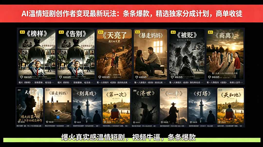 AI温情短剧创作者变现最新玩法：视频牛逼，条条爆款，精选独家分成计划，商单收徒-云网创