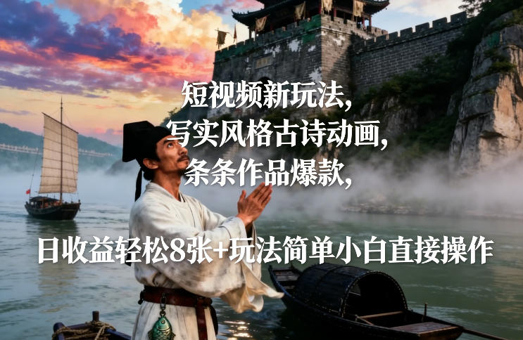 短视频新玩法，写实风格古诗动画，条条作品爆款，日收益轻松8张+玩法简单小白直接操作-云网创