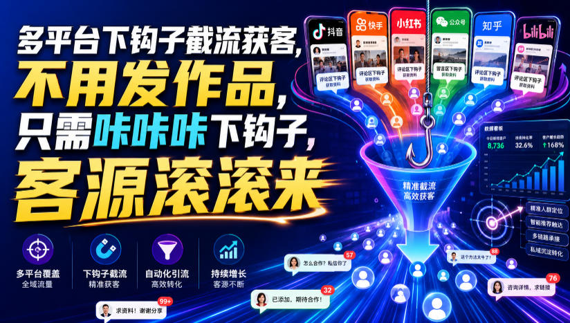 多平台下钩子截流获客,不用发作品,只需咔咔咔下钩子,客源滚滚来-云网创
