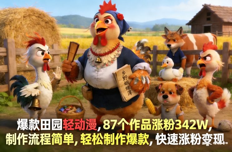 爆款田园轻动漫,87个作品涨粉342W,制作流程简单,轻松制作爆款,快速涨粉变现-云网创