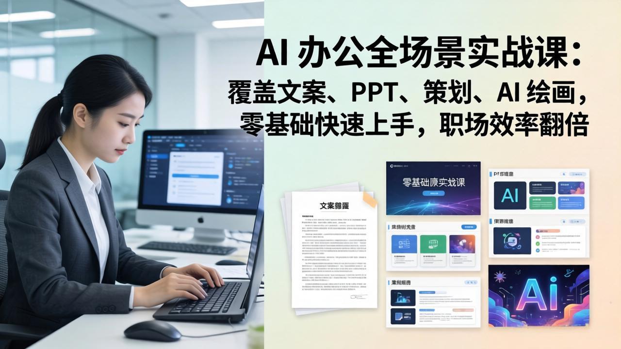 AI 办公全场景实战课：覆盖文案、PPT、策划、AI 绘画，零基础快速上手，职场效率翻倍-云网创