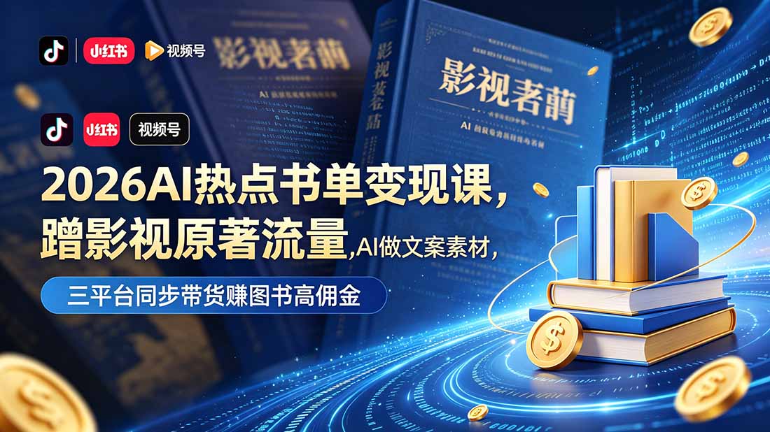 2026AI热点书单变现课，蹭影视原著流量，AI做文案素材，三平台同步带货赚图书高佣金-云网创