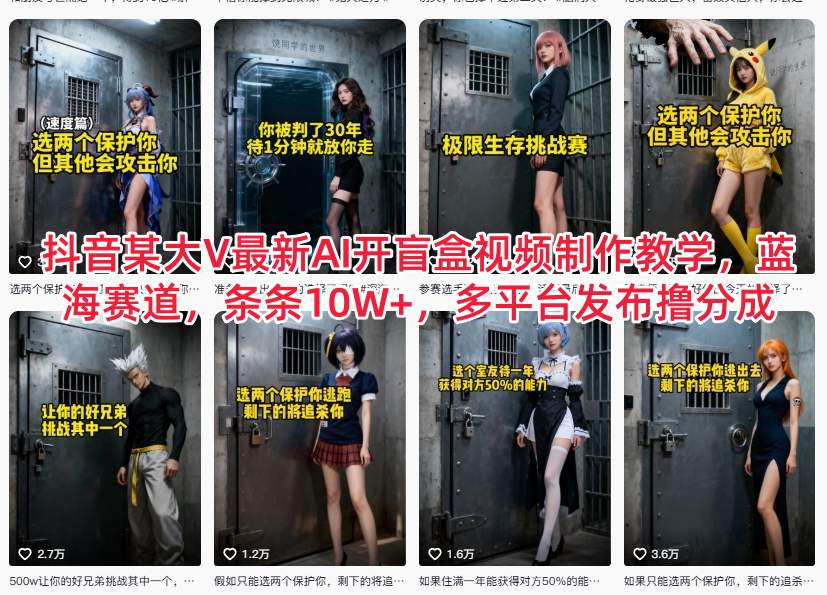 抖音某大V最新AI开盲盒视频制作教学,蓝海赛道,条条10W+,多平台发布撸分成-云网创