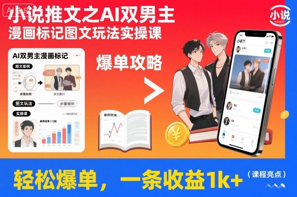 小说推文之AI双男主漫画标记图文玩法实操课，轻松爆单，一条收益1k+-云网创