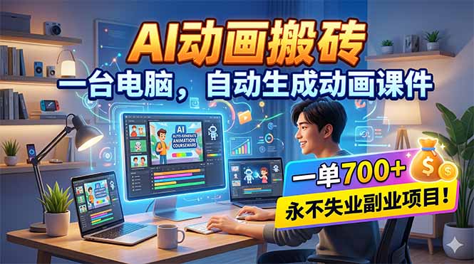 AI动画搬砖，一台电脑，自动生成动画课件，一单800+ 永不失业副业项目！-云网创