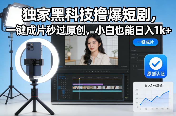 独家黑科技撸爆短剧，一键成片秒过原创，小白也能日入1k+【揭秘】-云网创