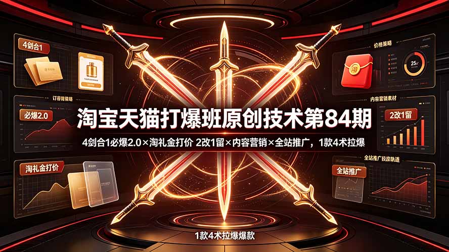 淘宝天猫打爆班原创技术第84期:4剑合1必爆2.0×淘礼金打价×2改1留×内容营销×全站推广,1款4术拉爆-云网创