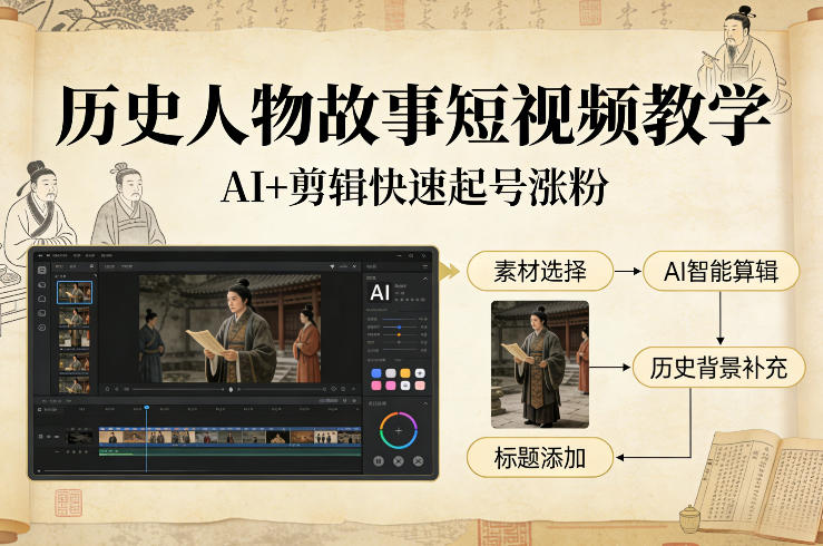 历史人物故事短视频教学，AI+剪辑制作历史人物题材短视频，快速起号涨粉-云网创