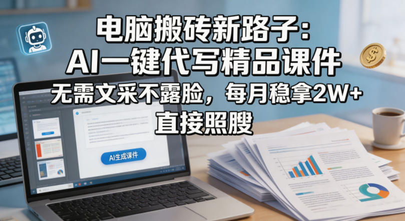 电脑搬砖新路子:AI一键代写精品课件,无需文采不露脸,每月稳拿2W+,直接照搬