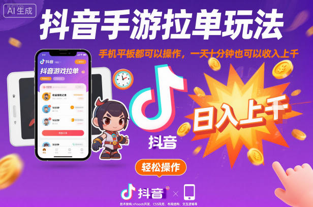 抖音手游拉单玩法，手机平板都可以操作，一天十分钟也可以收入上K【揭秘】-云网创