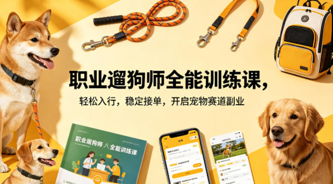 职业遛狗师全能训练课，轻松入行，稳定接单，开启宠物赛道副业-云网创