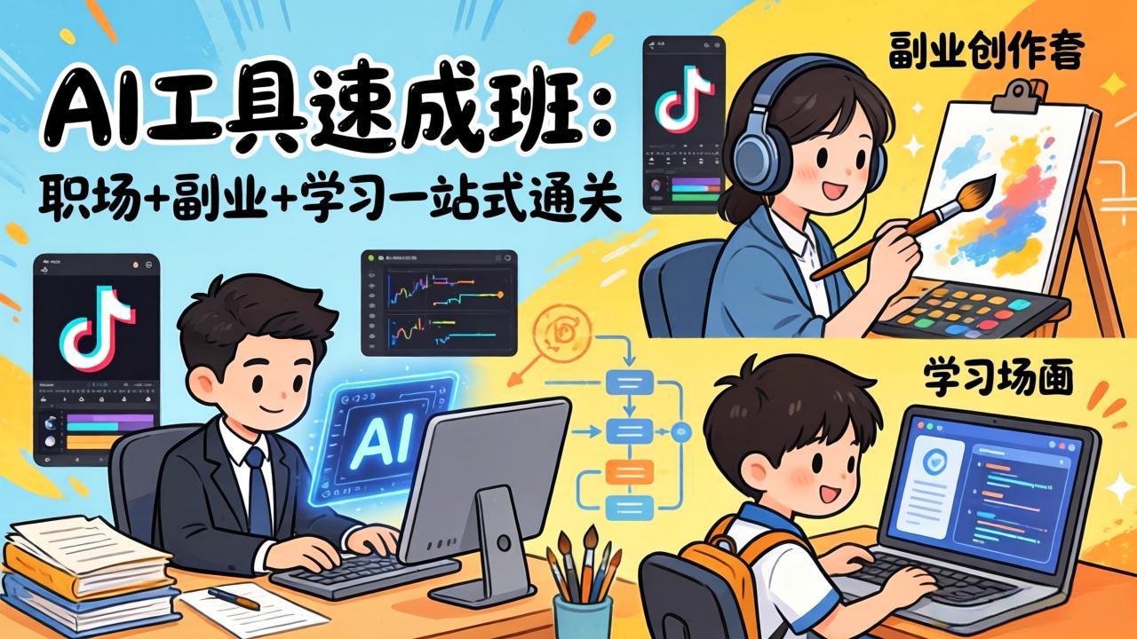 AI工具速成班：职场+副业+学习一站式通关，20+爆款类型+剪映技巧+抖音算法，0基础快速上手-云网创