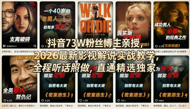 抖音73W粉丝博主亲授，2026最新影视解说实战教学，全程听话照做，直通精选独家-云网创