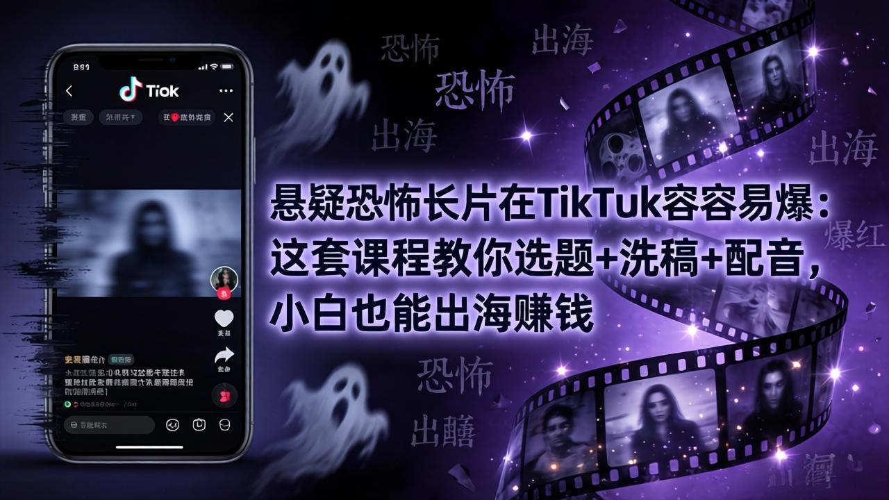 悬疑恐怖长片在TikTok最容易爆：这套课程教你选题+洗稿+配音，小白也能出海赚钱-云网创