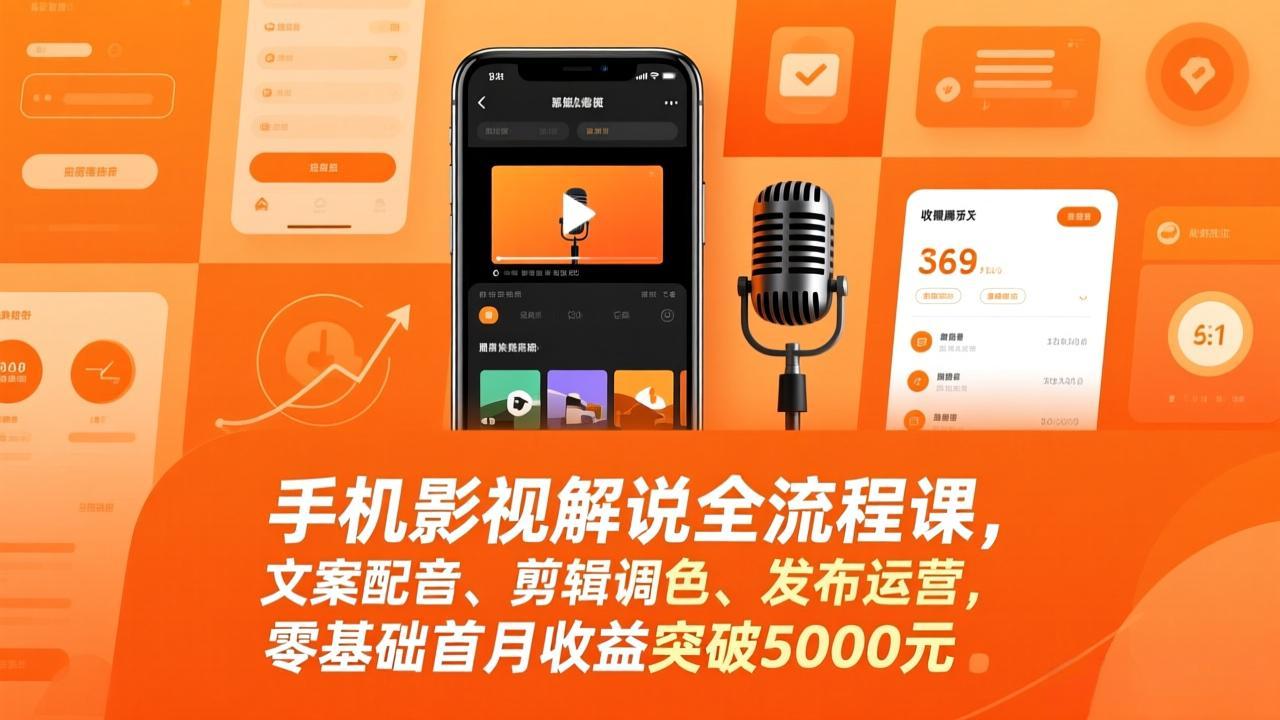 手机影视解说全流程课，文案配音、剪辑调色、发布运营，零基础首月收益突破5000元-云网创