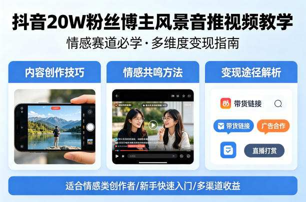 抖音20W粉丝博主风景音推视频教学,情感赛道必学,各种变现途径-云网创